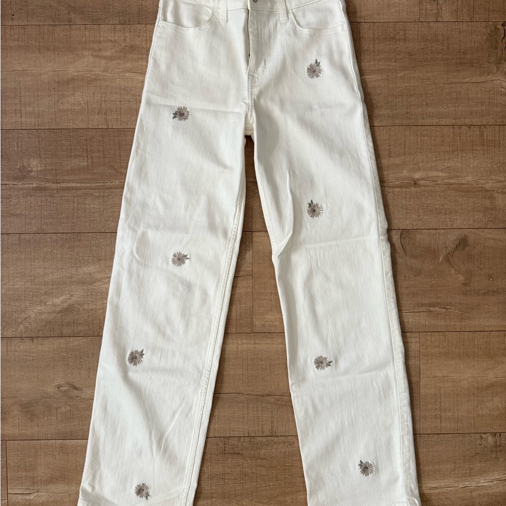 Abercrombie Kids White High Rise Wide Leg Jeans with Floral Accents